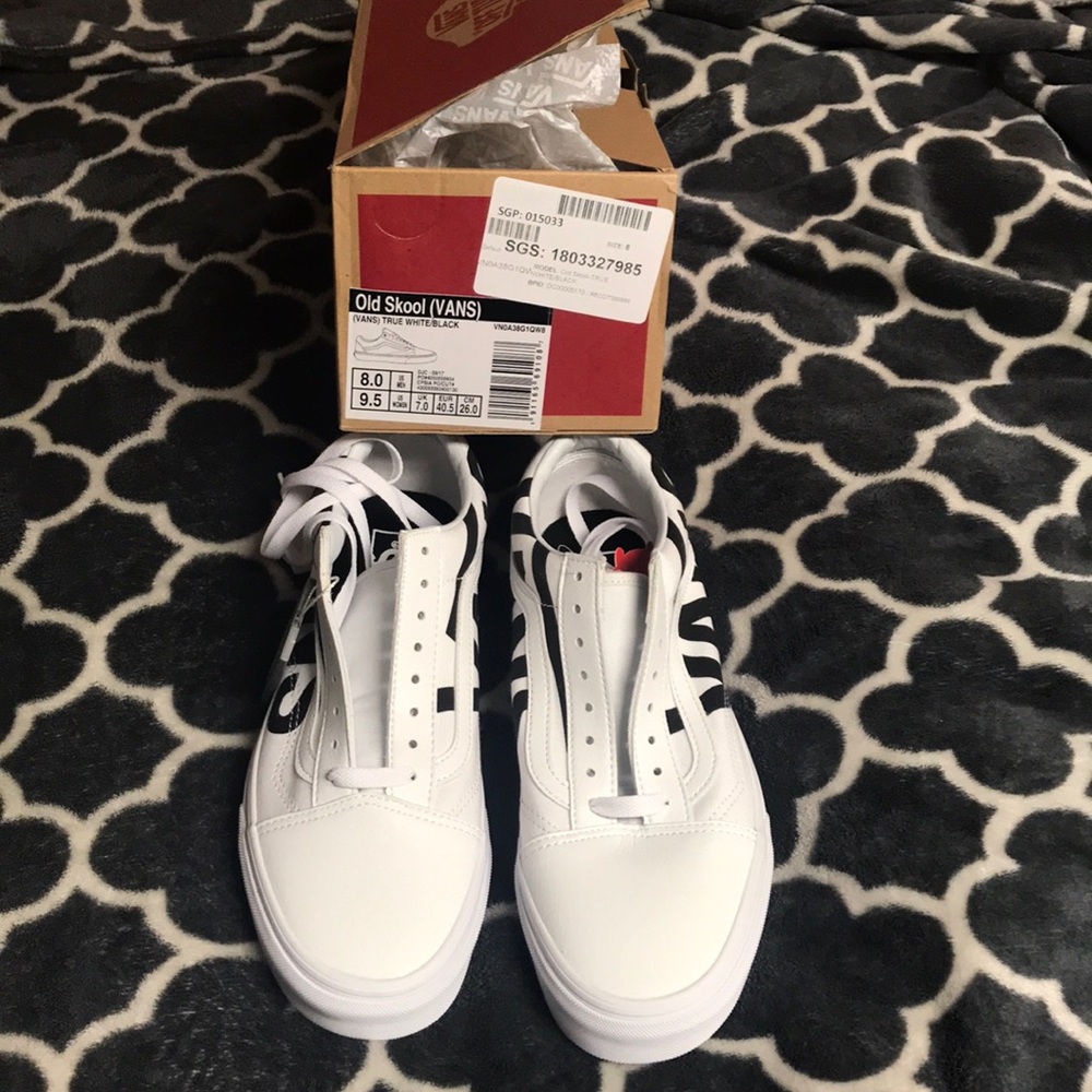 White old skool leather logo vans